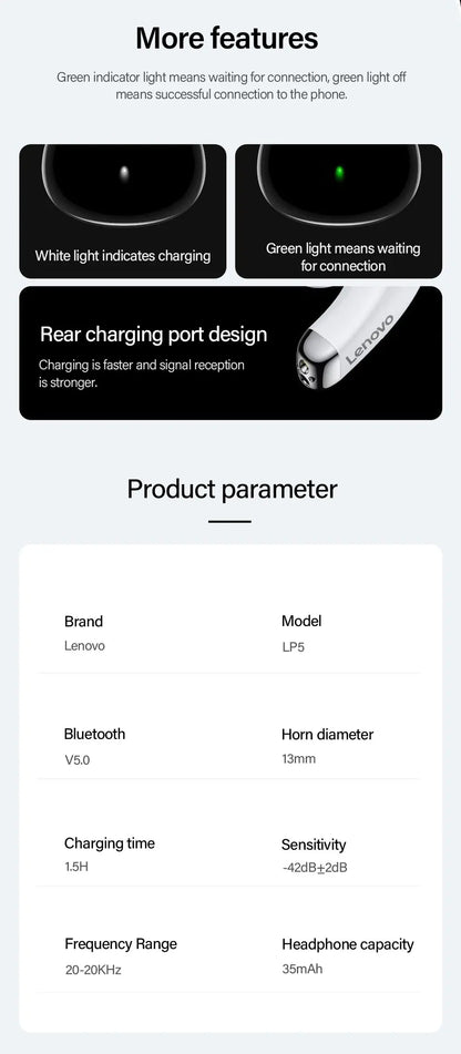 Lenovo LP5 TWS Bluetooth Earphone 9D Stereo